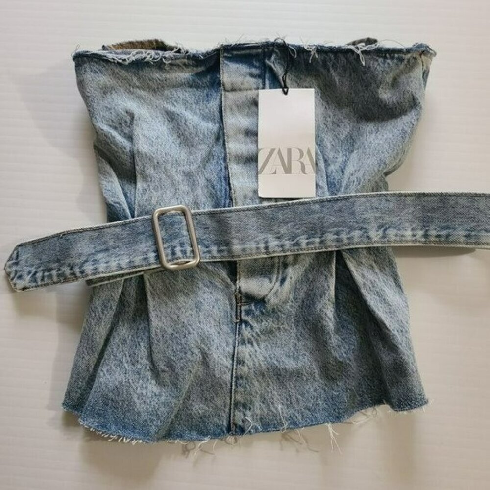 Zara Light Wash Denim Strapless Crop Top with Belt